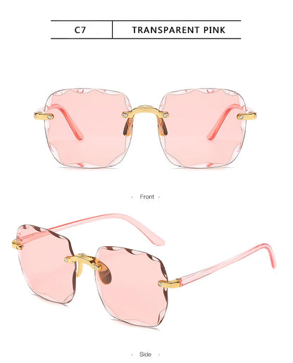 3PCS Square Rimless Sunglasses Women Luxury Brand Designer Summer Red Glasses Fashion Sun glasses For Men UV400 Shades Oculos Beauty World Shop