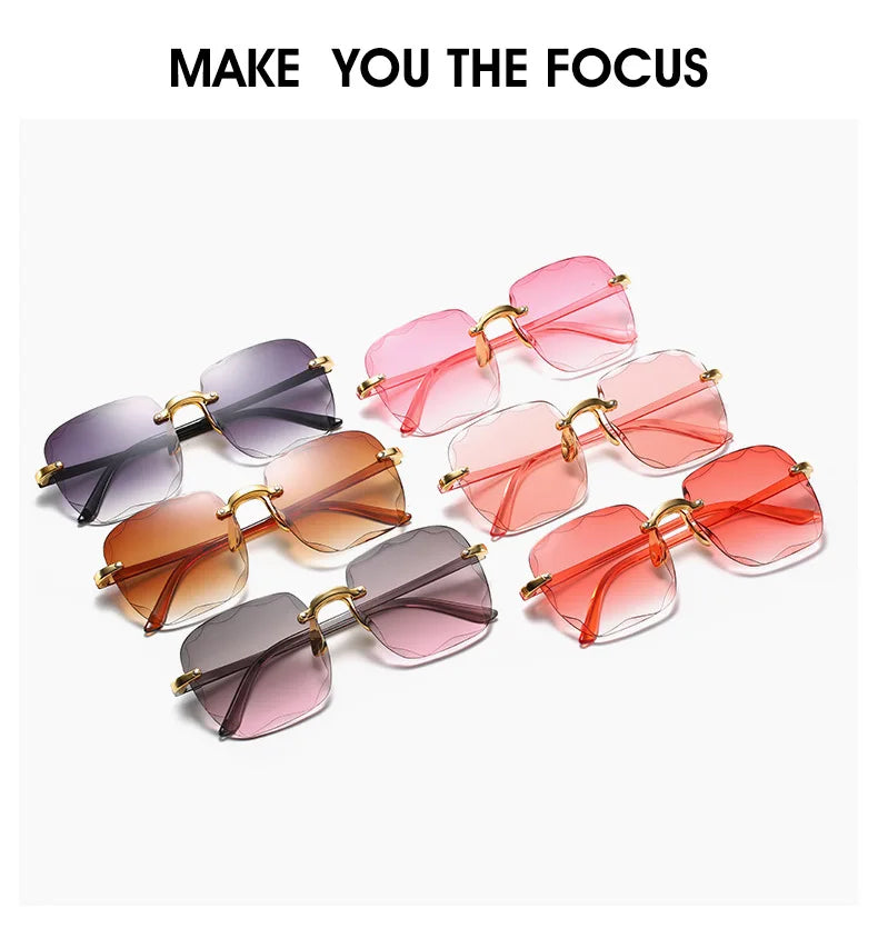 3PCS Square Rimless Sunglasses Women Luxury Brand Designer Summer Red Glasses Fashion Sun glasses For Men UV400 Shades Oculos Beauty World Shop