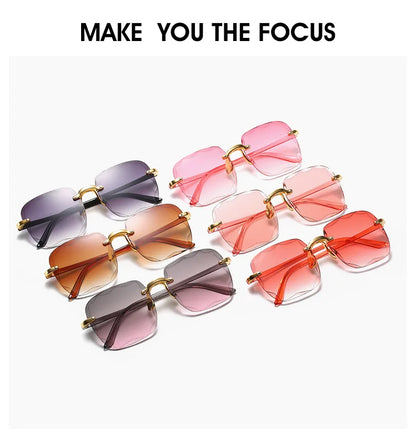 3PCS Square Rimless Sunglasses Women Luxury Brand Designer Summer Red Glasses Fashion Sun glasses For Men UV400 Shades Oculos Beauty World Shop
