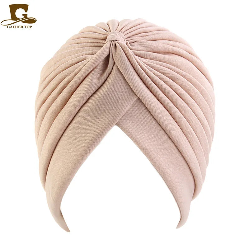 New Knotted Ruffle Turban Ladies Soft Headscarf Casual Streetwear Female Muslim Hijab Indian Hats Cancer Chemo Cap Turbante Beauty World Shop