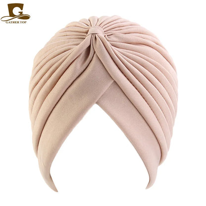 New Knotted Ruffle Turban Ladies Soft Headscarf Casual Streetwear Female Muslim Hijab Indian Hats Cancer Chemo Cap Turbante Beauty World Shop