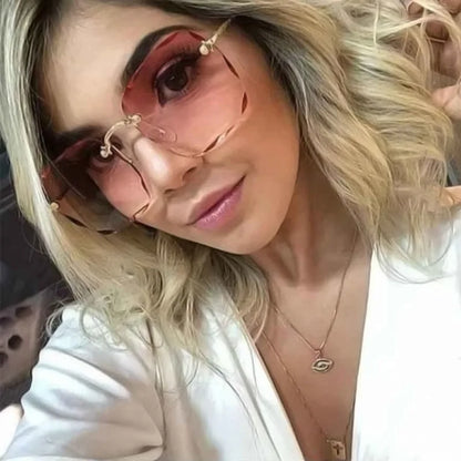 3PCS Square Rimless Sunglasses Women Luxury Brand Designer Summer Red Glasses Fashion Sun glasses For Men UV400 Shades Oculos Beauty World Shop