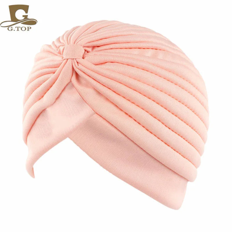 New Knotted Ruffle Turban Ladies Soft Headscarf Casual Streetwear Female Muslim Hijab Indian Hats Cancer Chemo Cap Turbante Beauty World Shop