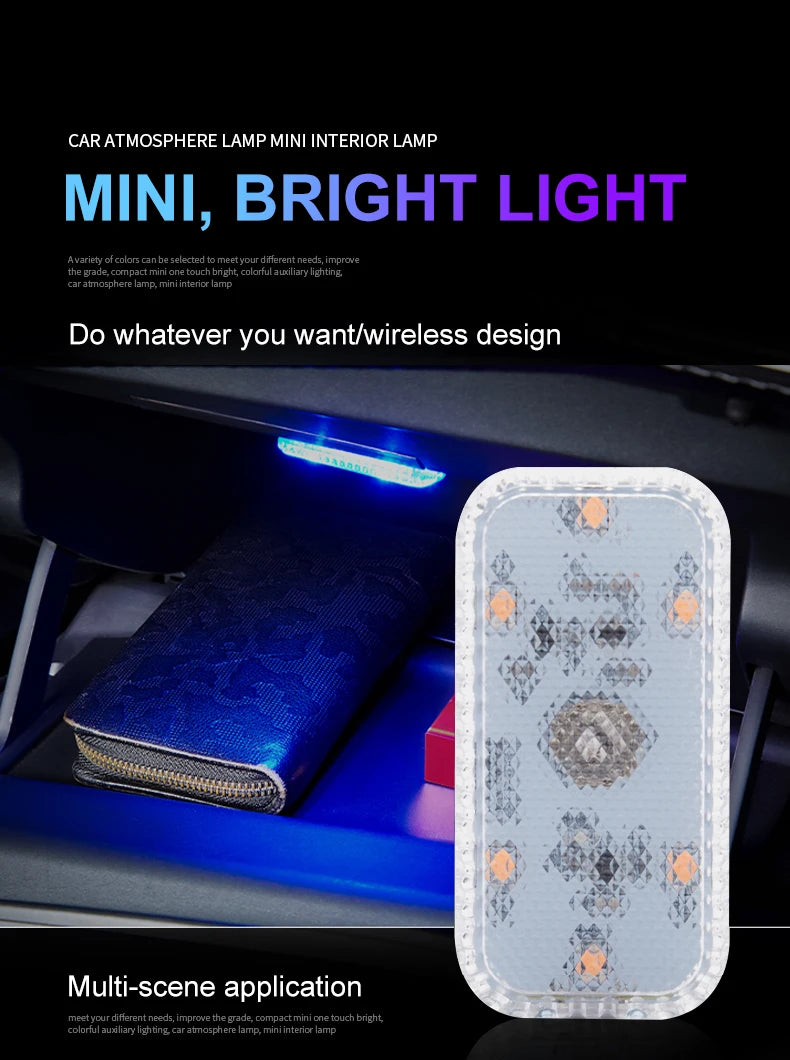 LED Touch Light Mini Wireless Car Interior Lighting Auto Roof Ceiling Reading Lamp for Door Foot Trunk Storage Box USB Charging Beauty World Shop