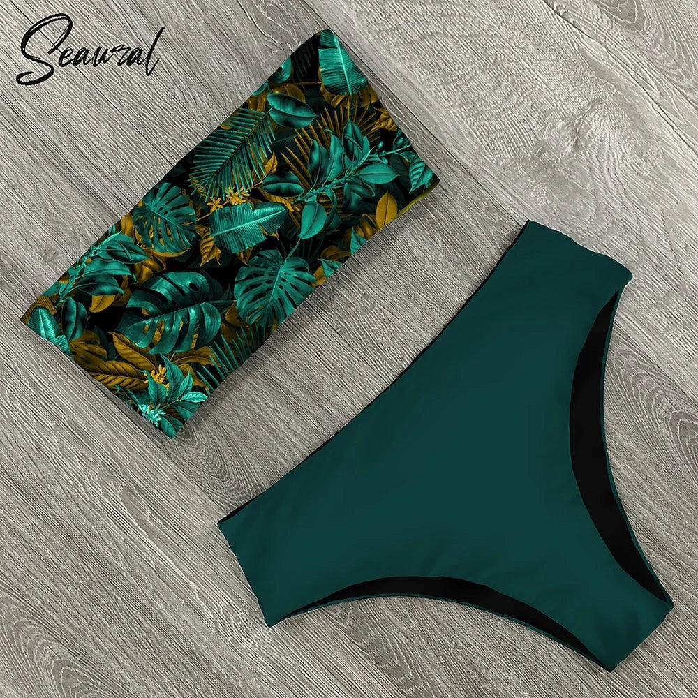2025 New Sexy Low Hight Bikini Set Swimwear Women Bandeau Female Print Floral Strappy Swimsuit Bathing Suit Beach Wear Biquini Beauty World Shop