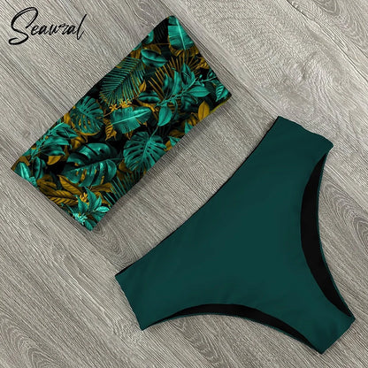 2025 New Sexy Low Hight Bikini Set Swimwear Women Bandeau Female Print Floral Strappy Swimsuit Bathing Suit Beach Wear Biquini Beauty World Shop