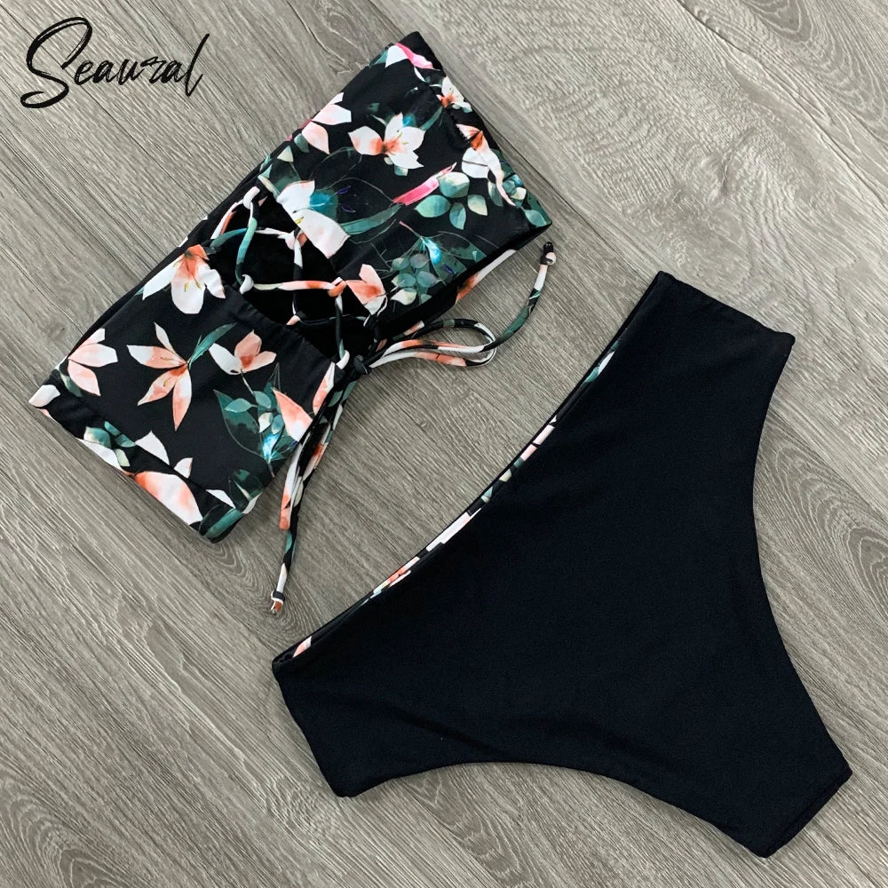 2025 New Sexy Low Hight Bikini Set Swimwear Women Bandeau Female Print Floral Strappy Swimsuit Bathing Suit Beach Wear Biquini Beauty World Shop