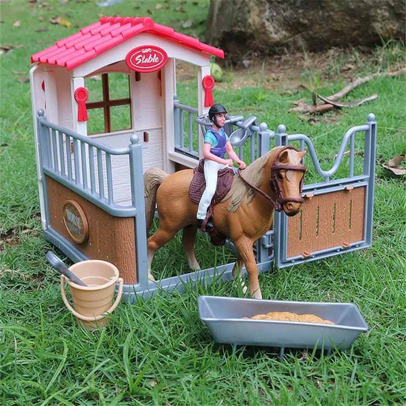 Oenux Farm Stable House Model Action Figures Emulational Horseman Horse Animals Playset Figurine Cute Educational Kids Toy Gift Beauty World Shop