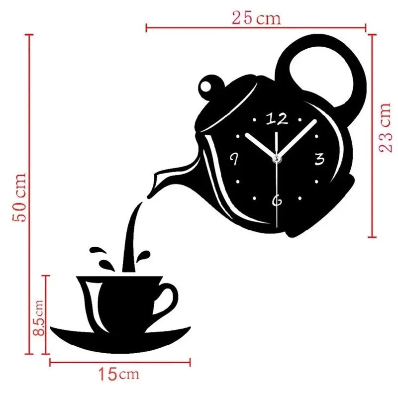 3D DIY Teapot Shape Wall Clock Acrylic Mirror Clock Modern Kitchen Home Decor Wall Sticker Hollow Digital Clock watch home clock Beauty World Shop