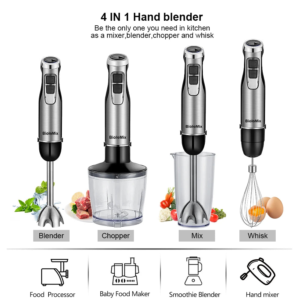 BioloMix 4 in 1 High Power 1200W Immersion Hand Stick Blender Mixer Includes Chopper and Smoothie Cup Stainless Steel Ice Blades Beauty World Shop