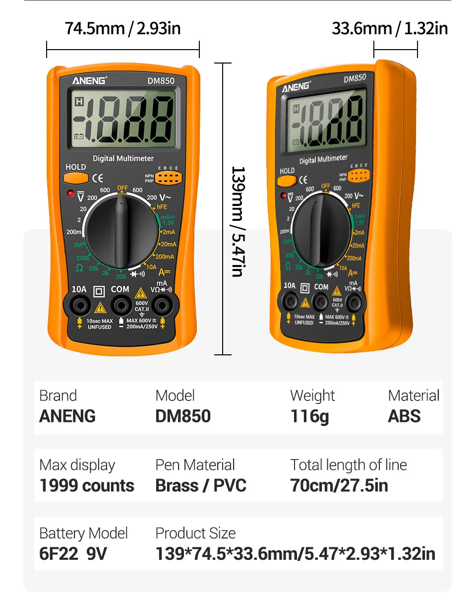 ANENG DM850 Digital Multimeter Automatic Professional 1999 Counts Auto AC/DC Votage Tester Ohm Current Ammeter Detector Tool Beauty World Shop