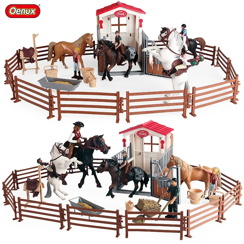Oenux Farm Stable House Model Action Figures Emulational Horseman Horse Animals Playset Figurine Cute Educational Kids Toy Gift Beauty World Shop