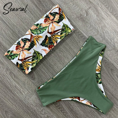 2025 New Sexy Low Hight Bikini Set Swimwear Women Bandeau Female Print Floral Strappy Swimsuit Bathing Suit Beach Wear Biquini Beauty World Shop