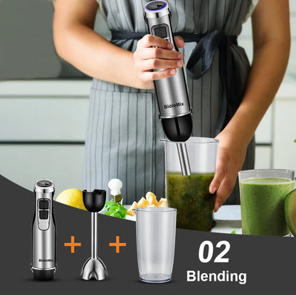 BioloMix 4 in 1 High Power 1200W Immersion Hand Stick Blender Mixer Includes Chopper and Smoothie Cup Stainless Steel Ice Blades Beauty World Shop