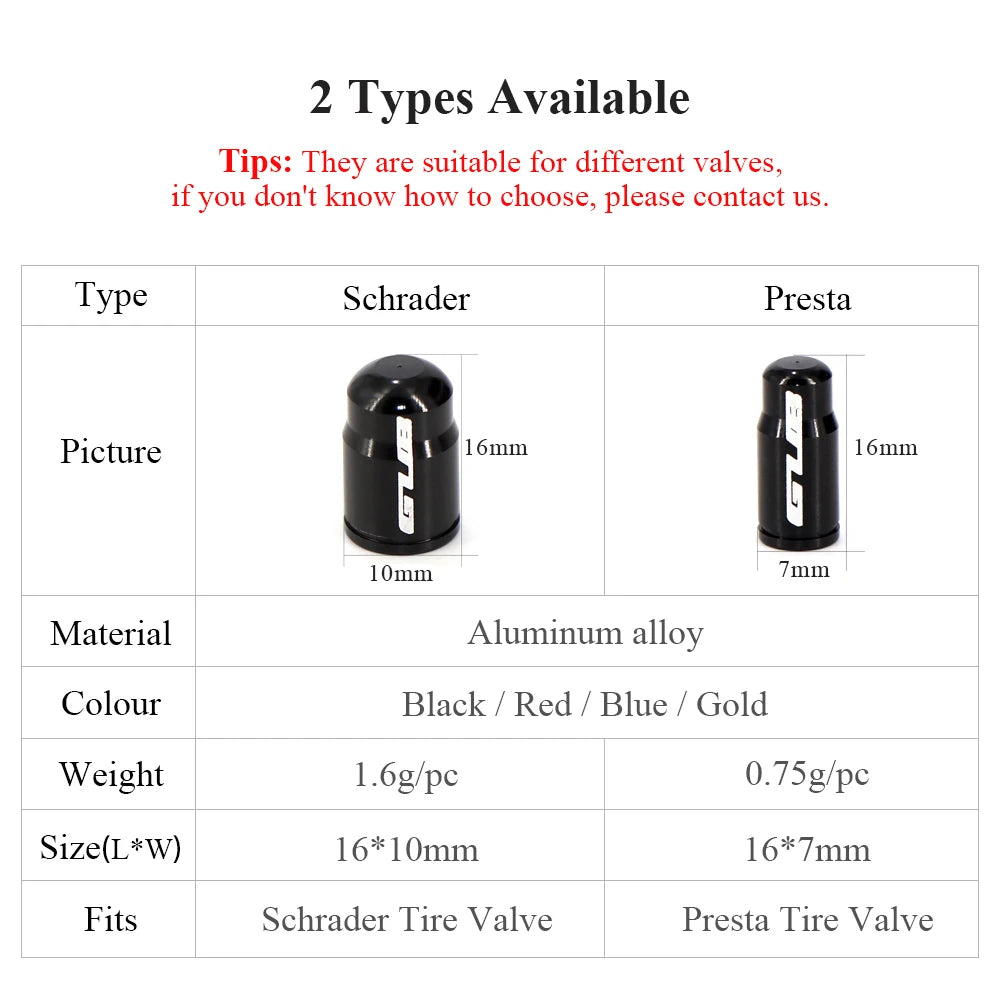 2pcs GUB Aluminum CNC Bicycle Tire Valve Cap MTB Road Bike Tube Tyre Gas Nozzle Cover for AV FV Schrader Presta Valve Dustproof Beauty World Shop