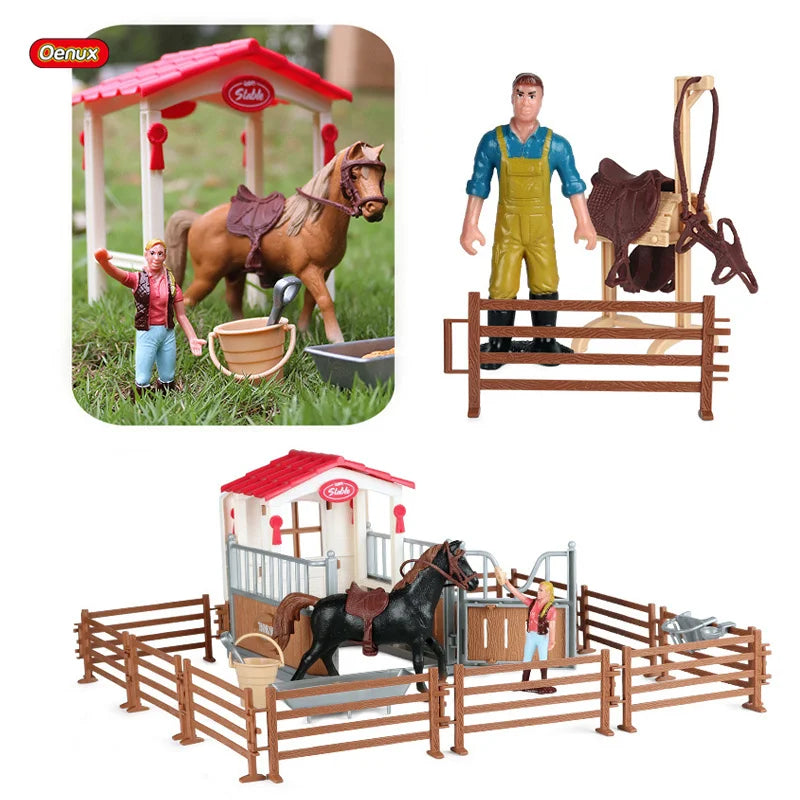 Oenux Farm Stable House Model Action Figures Emulational Horseman Horse Animals Playset Figurine Cute Educational Kids Toy Gift Beauty World Shop