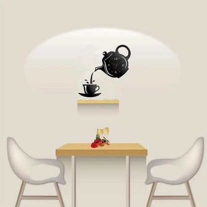 3D DIY Teapot Shape Wall Clock Acrylic Mirror Clock Modern Kitchen Home Decor Wall Sticker Hollow Digital Clock watch home clock Beauty World Shop