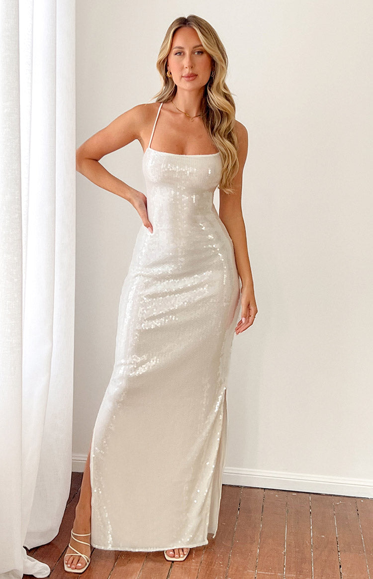 Manhattan White Sequin Slip Maxi Formal Dress BB Exclusive