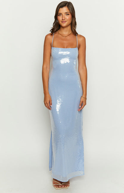 Manhattan Blue Sequin Slip Maxi Formal Dress BB Exclusive
