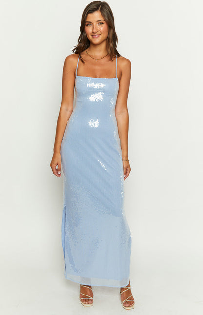 Manhattan Blue Sequin Slip Maxi Formal Dress BB Exclusive