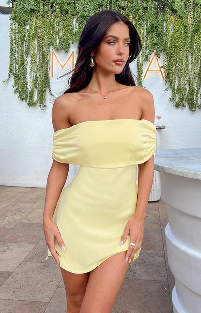 Primrose Yellow Satin Off the Shoulder Mini Dress BB Exclusive