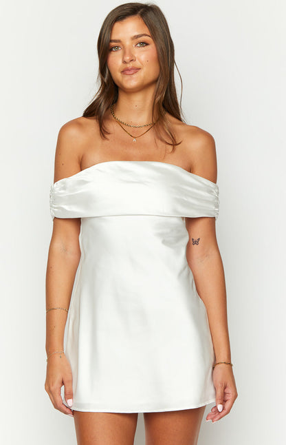 Primrose White Satin Off the Shoulder Mini Dress BB Exclusive