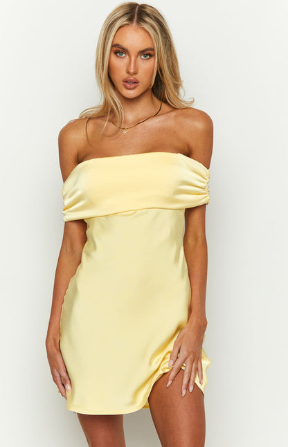 Primrose Yellow Satin Off the Shoulder Mini Dress BB Exclusive