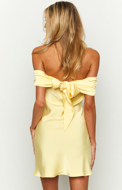 Primrose Yellow Satin Off the Shoulder Mini Dress BB Exclusive