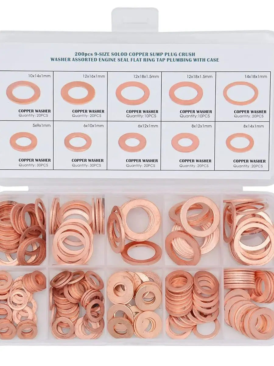 Copper Washer Gasket Nut And Bolt Set - Flat Ring Seal Assortment Kit with Box for Sump Plugs - M8/M10/M12/M14 Beauty World Shop