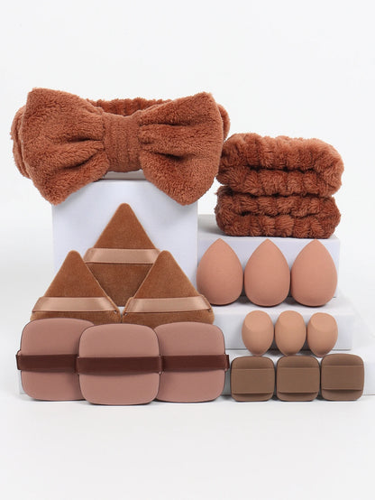 18 piece headband set. 1 hair band & 2 wrist bands & 3 make-up Sponges & 3 Mini Square Air Cushions & 3 triangular powder puff & Beauty World Shop
