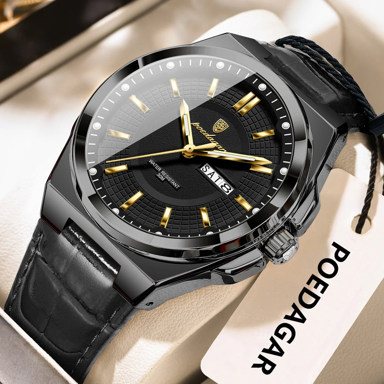 POEDAGAR Fashion Brand Man Wristwatch Waterproof Luminous Date Week Quartz Luxury Men's Watches Leather Business Men Watch Reloj Beauty World Shop