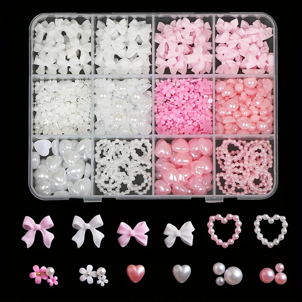 500PCS 3D Nail Art Decoration Kit with Resin Bows, Flat Back Pearls, and Assorted Shapes – Unscented DIY Craft Embellishments Beauty World Shop
