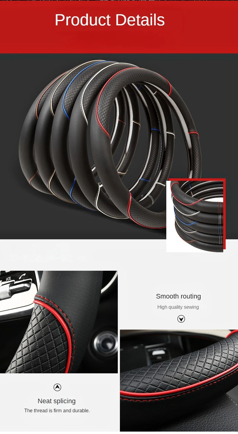 All Seasons Leather Diamond Steering Wheel Cover Universal Fit for 14 .5-15 Inch Durable Leather Cover Anti-Slip Veins Design Beauty World Shop