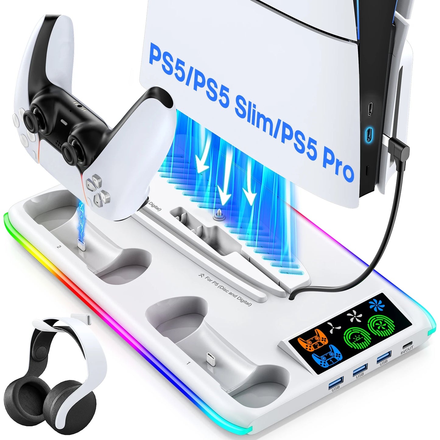 Game Stand For Sony PS5 Console Playstation Play Stations PS 5 Slim Pro Support Base Holder Cooler Fan RGB Gaming Accessories Beauty World Shop