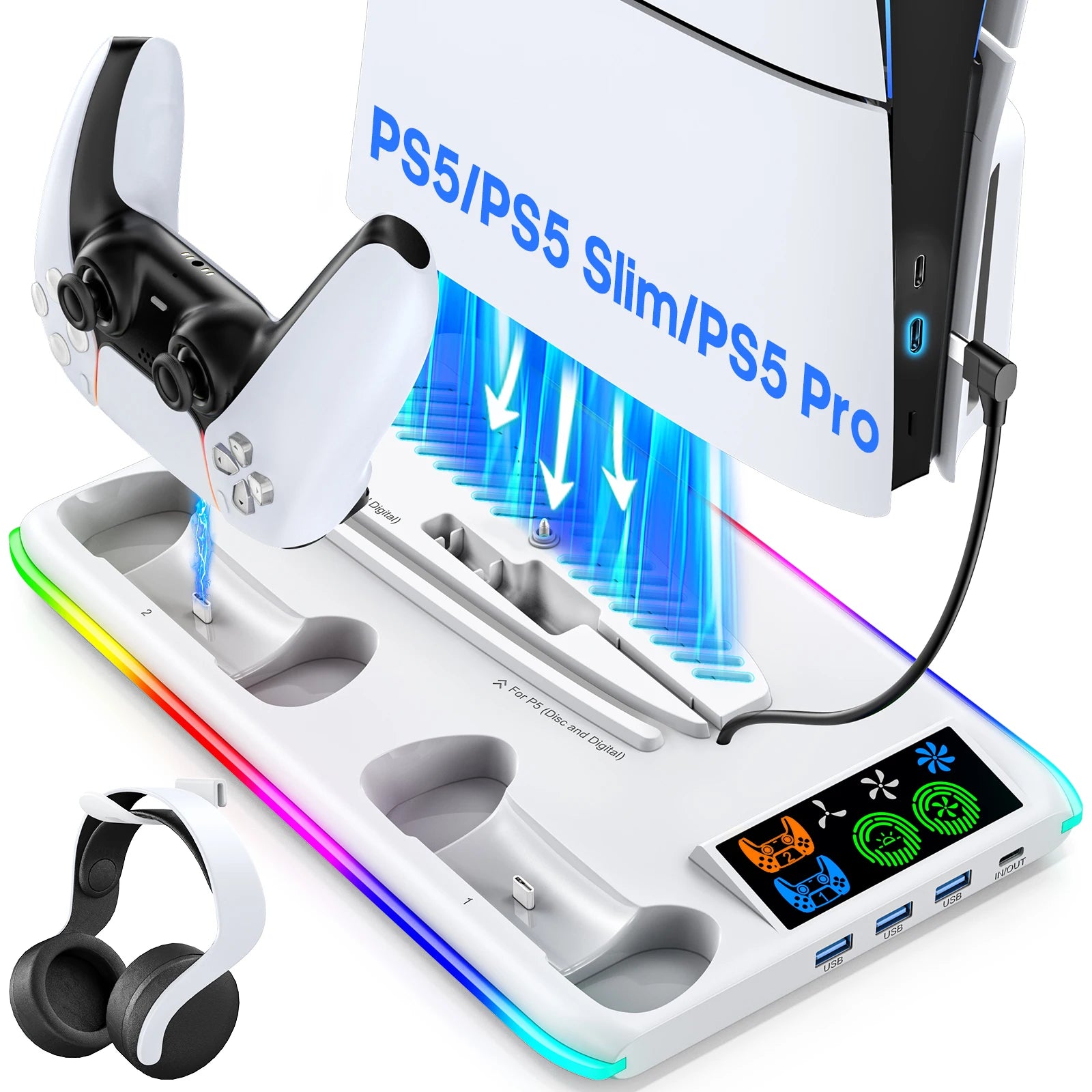 Game Stand For Sony PS5 Console Playstation Play Stations PS 5 Slim Pro Support Base Holder Cooler Fan RGB Gaming Accessories Beauty World Shop