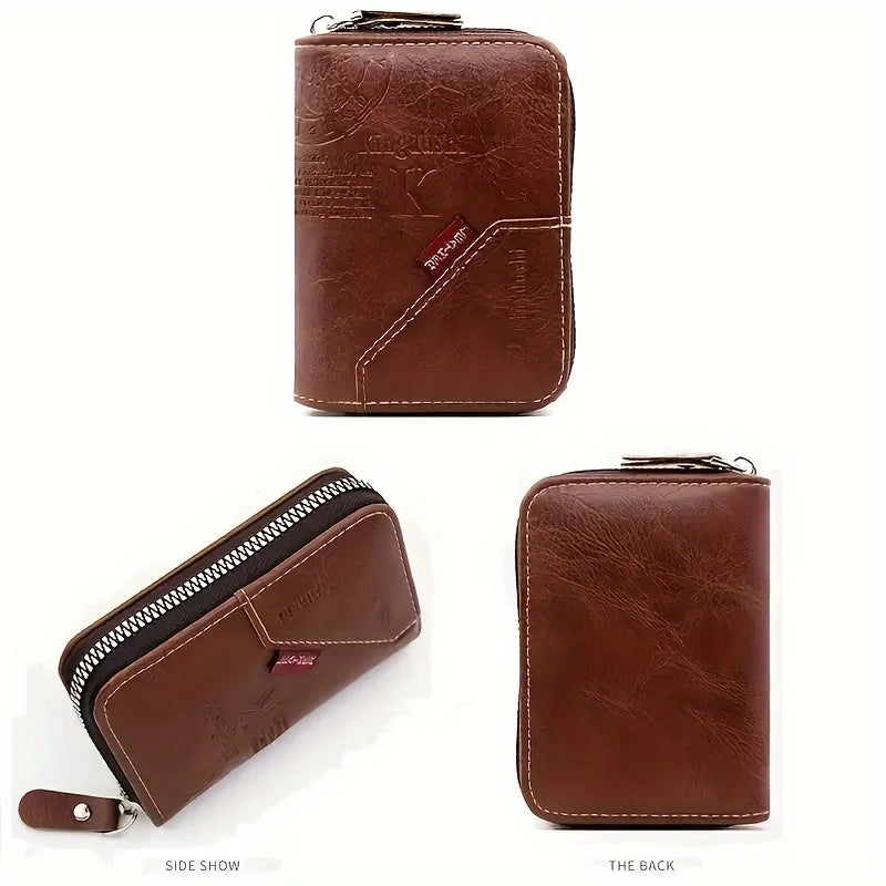 Vintage PU Leather Slim Wallet - Zipper RFID Blocking 11-Slot Card Holder, Retro Style Gift for Men & Women, Classic Design Beauty World Shop