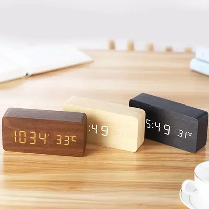 Digital Alarm Clock Wooden LED Table Clock with Temperature for Bedroom Office Travel Desk Decorations Beauty World Shop