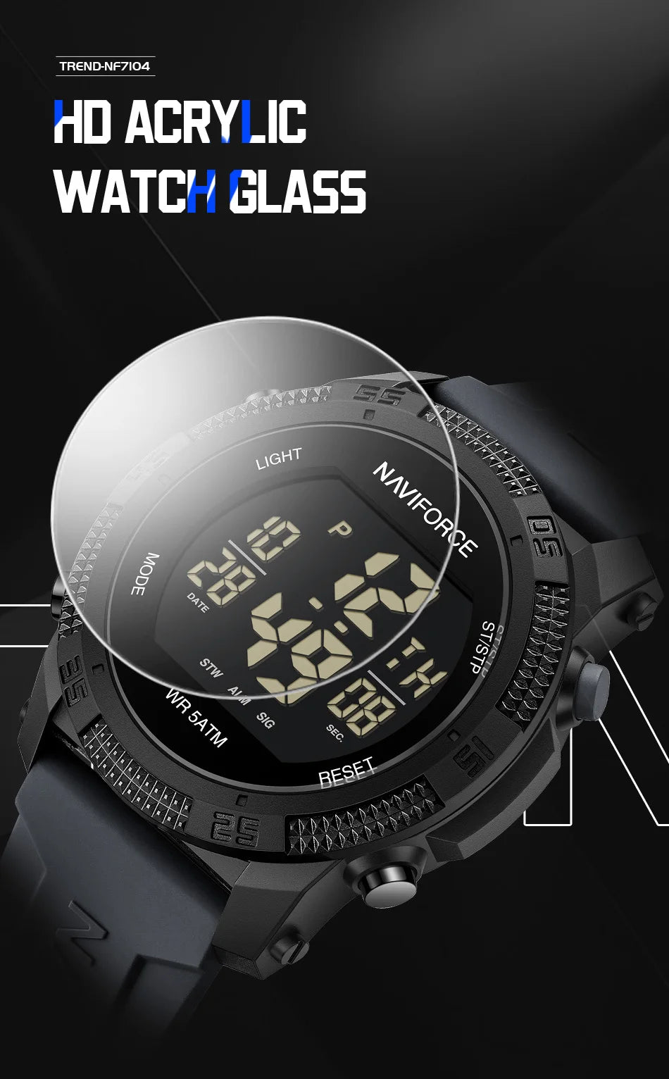 NAVIFORCE 7104 Sports Men's LCD Digital Leisure Date Week Alarm Clock Waterproof Silicone Strap Electronic Watch électronique Beauty World Shop