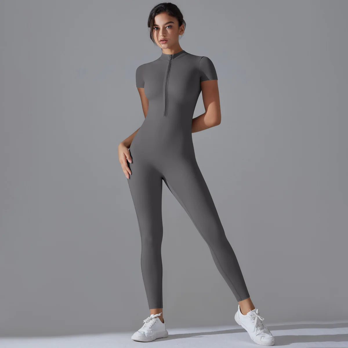 Naked zipper short sleeved yoga suit jumpsuit, quick drying breathable outdoor sports tight fitting jumpsuit, fitness suit Beauty World Shop