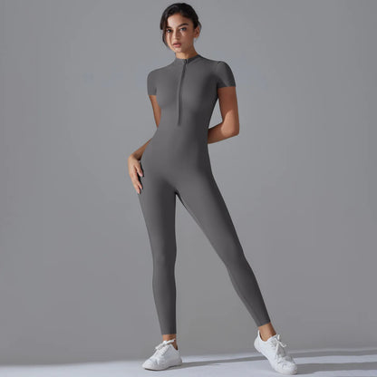 Naked zipper short sleeved yoga suit jumpsuit, quick drying breathable outdoor sports tight fitting jumpsuit, fitness suit Beauty World Shop