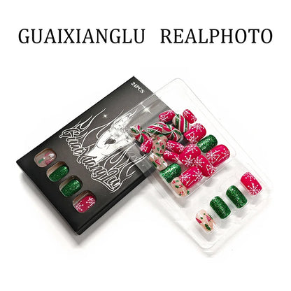Short Square Glossy Press On Nails 24Pcs Christmas 2025 New Design Snowflake Tree Stripes Red Green Glitter Beauty World Shop