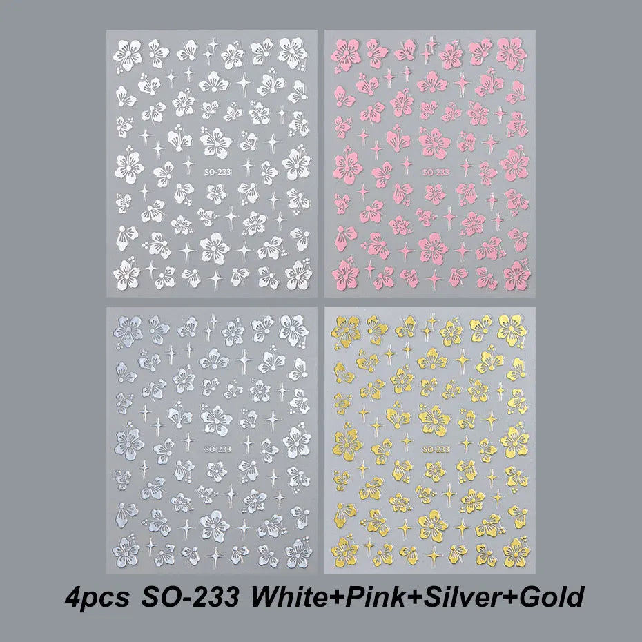 4pcs Hibiscus Flower Nail Art Sticker 3D White Pink Floral Decal Y2K Gold Silver Petal DIY Romantic Self-Adhesive Manicure Decor Beauty World Shop
