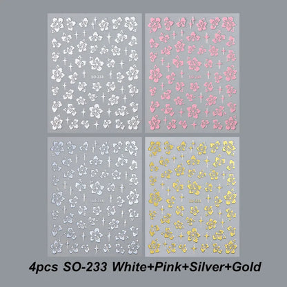 4pcs Hibiscus Flower Nail Art Sticker 3D White Pink Floral Decal Y2K Gold Silver Petal DIY Romantic Self-Adhesive Manicure Decor Beauty World Shop