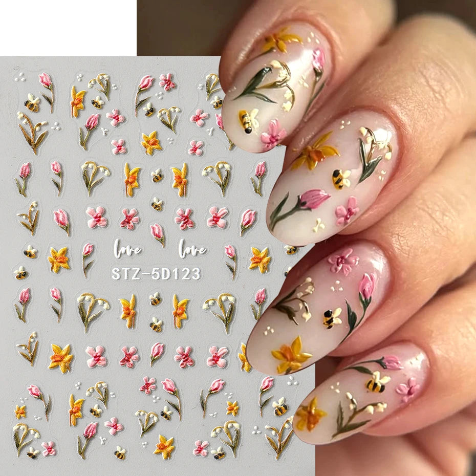 5D Embossed Kawaii Ladybug Sliders Spring White Daisy Flowers Nail Stickers DIY Simple Petals Wedding Nails Decals Accesories Beauty World Shop