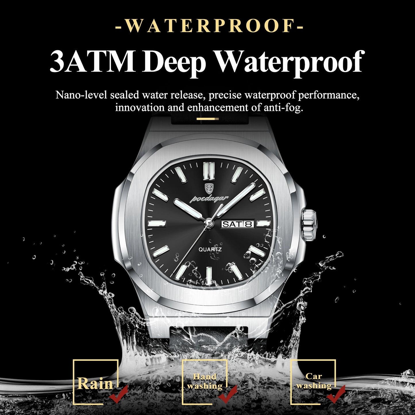 POEDAGAR Square Wristwatch For Men Luminous Waterproof Week Calendar Luxury Man Clock Leather Quartz Fashion Men's Watches Reloj Beauty World Shop
