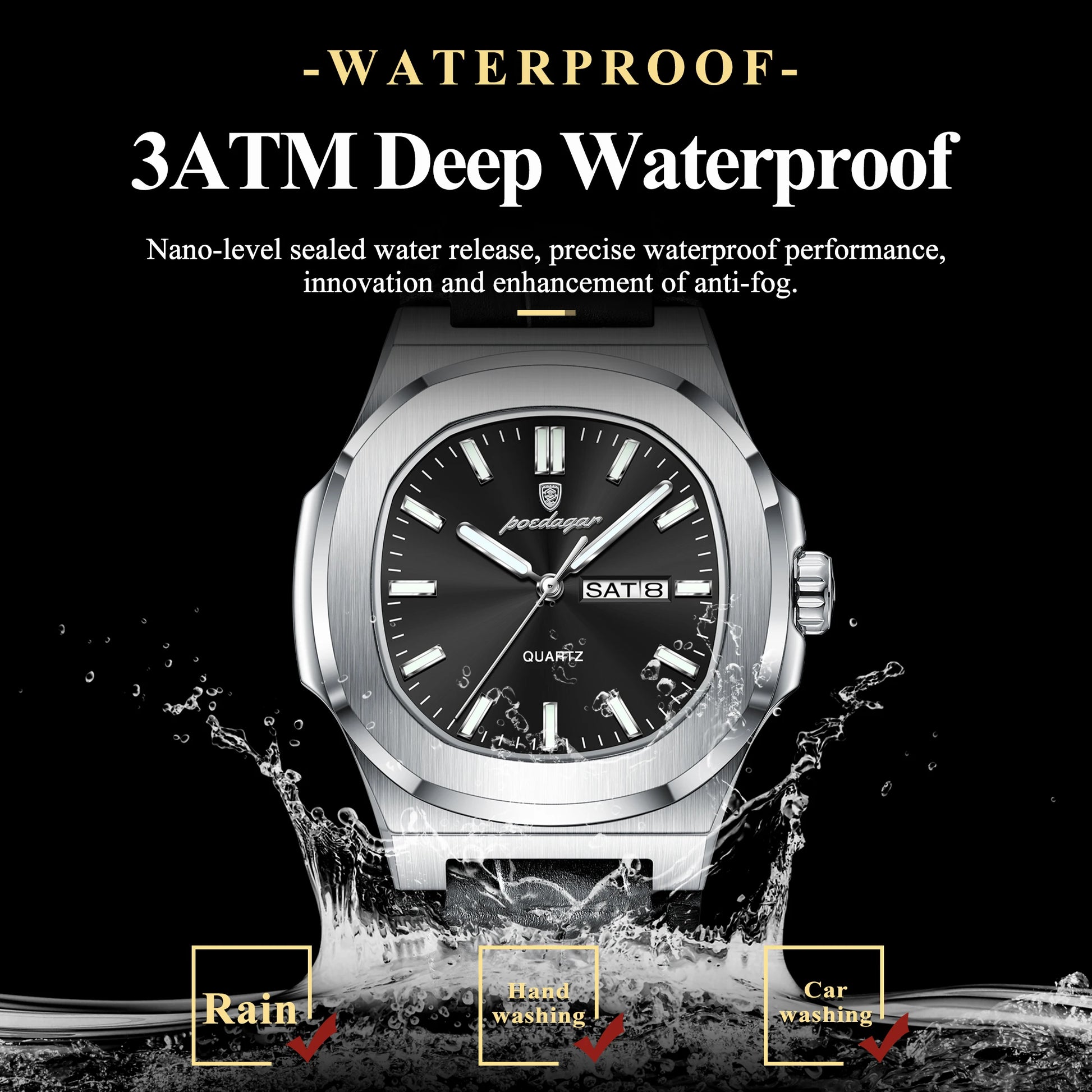 POEDAGAR Square Wristwatch For Men Luminous Waterproof Week Calendar Luxury Man Clock Leather Quartz Fashion Men's Watches Reloj Beauty World Shop
