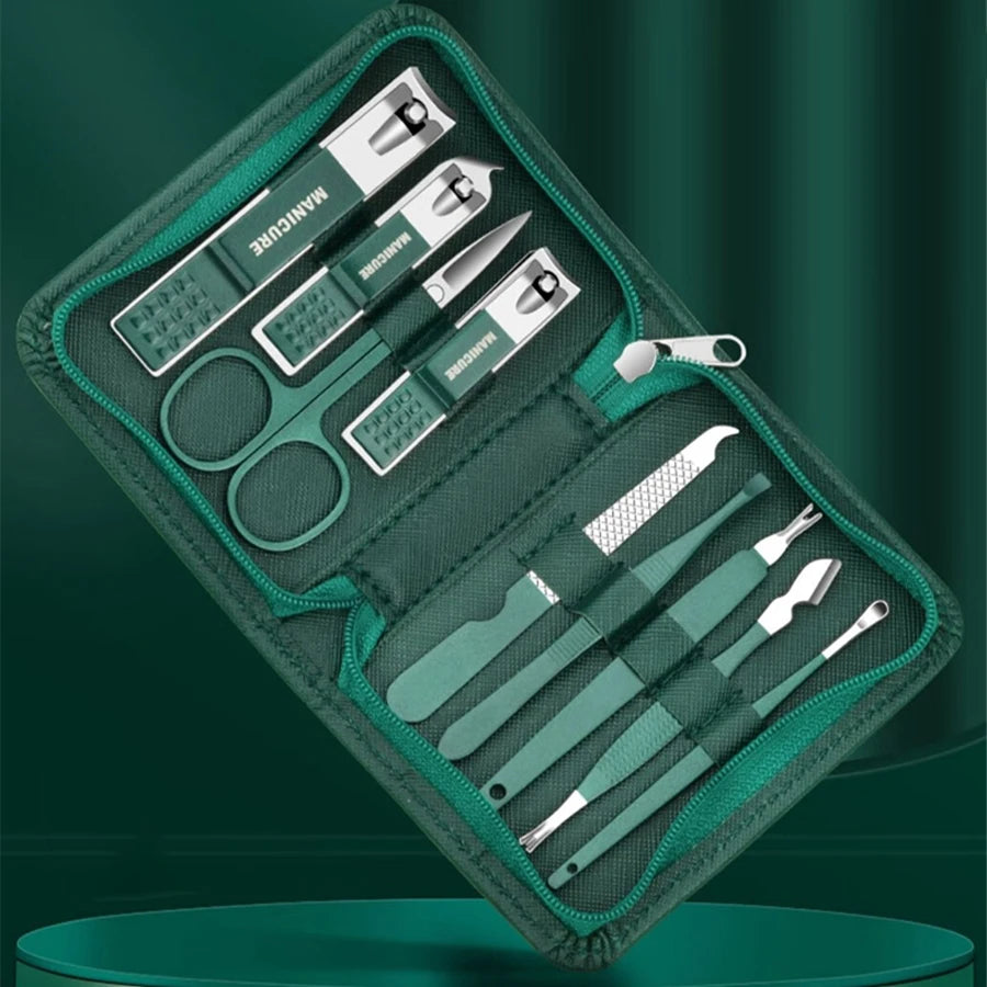 Green Manicure Set With Leather Case Professional Foot And Face Care Tool Kits Stainless Steel Nail Clipper Sets Gift Beauty Fashion