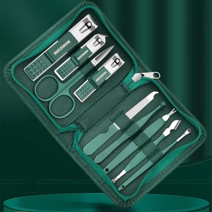 Green Manicure Set With Leather Case Professional Foot And Face Care Tool Kits Stainless Steel Nail Clipper Sets Gift Beauty Fashion