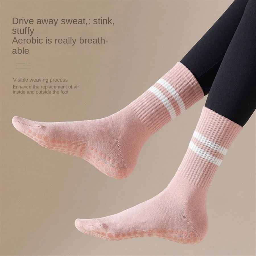 1 pair of women's yoga socks, skipping rope sports socks, Pilates indoor anti slip floor socks, double bar mid leg socks Beauty World Shop