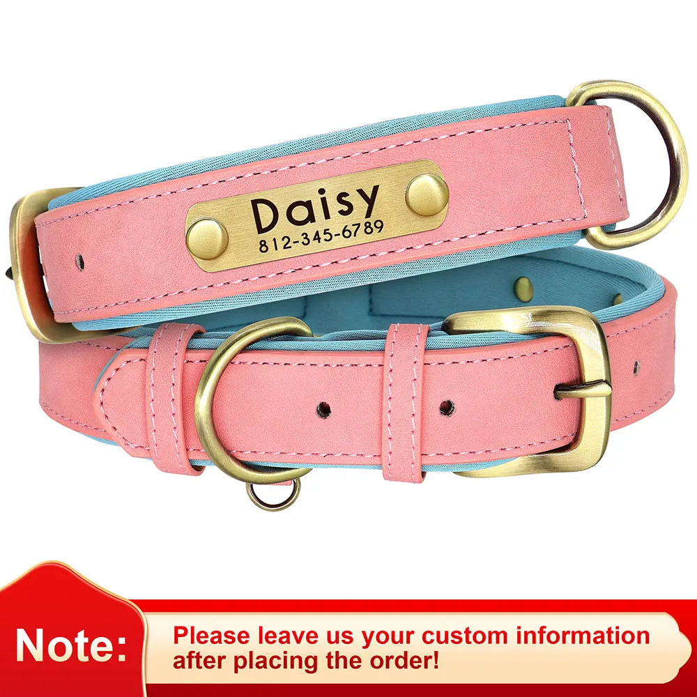 Customized PU Leather Nameplate Dog Collar Soft Padded Dogs Collars Free Engraving Name for Small Medium Large Dogs Adjustable Beauty World Shop